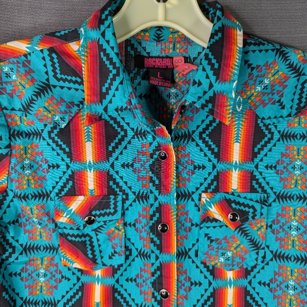 Western Shirt Kids L Unisex Southwestern Tribal Pattern Pearl Snap Multicolor - Picture 8 of 11